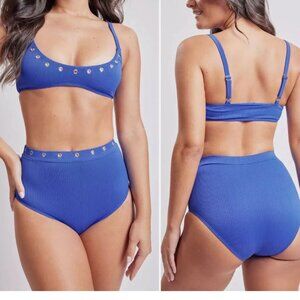 YMI Ribbed Swim Bikini 2 Piece Set Mod High Waist Cobalt Blue NWT